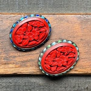 Vintage Chinese Export Floral Brooch Pair; Cinnabar, Enamel & Sterling Silver